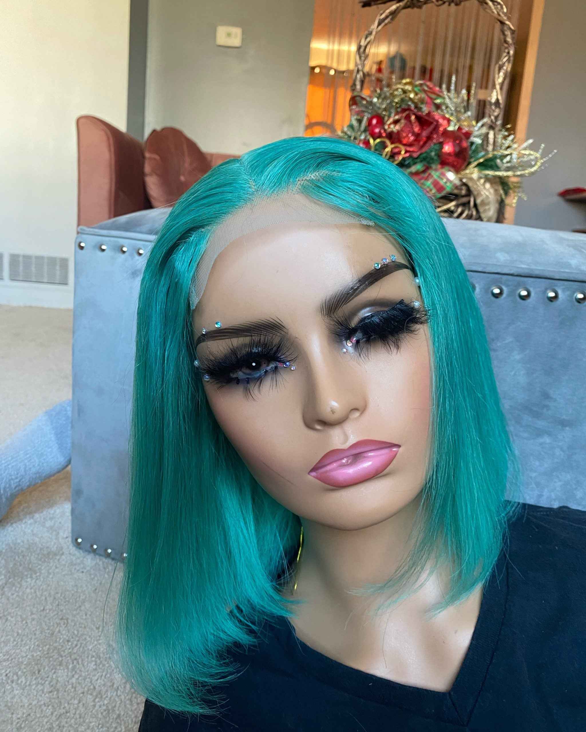 C C Green Human Hair Bob Wig