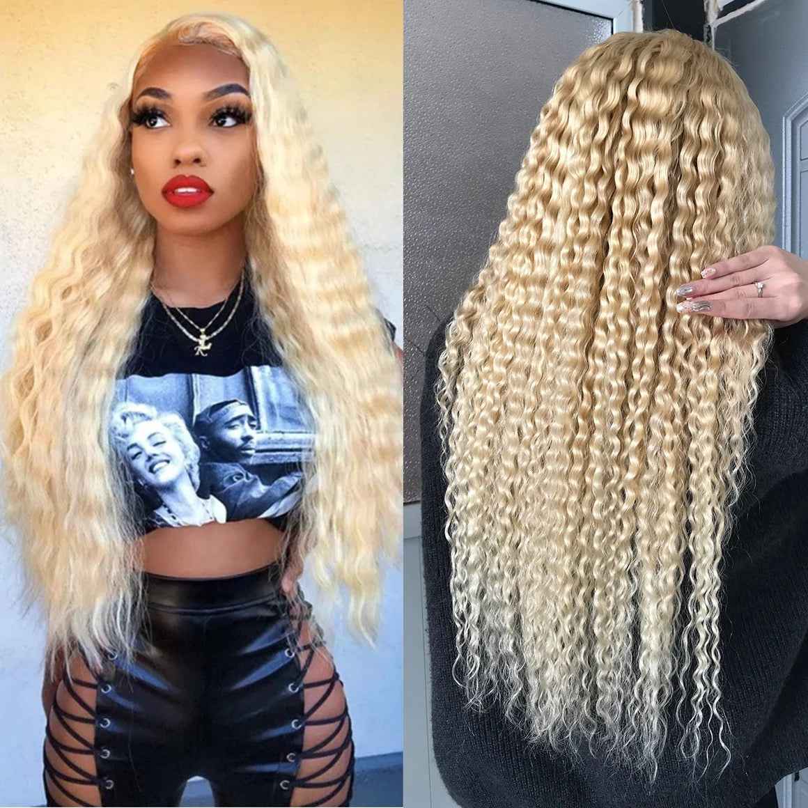 613 Curly human hair Blonde Wig