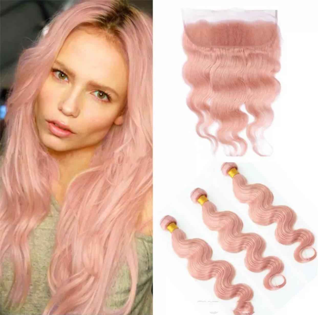 13x4 Rose Pink Frontal and 3 Bundles