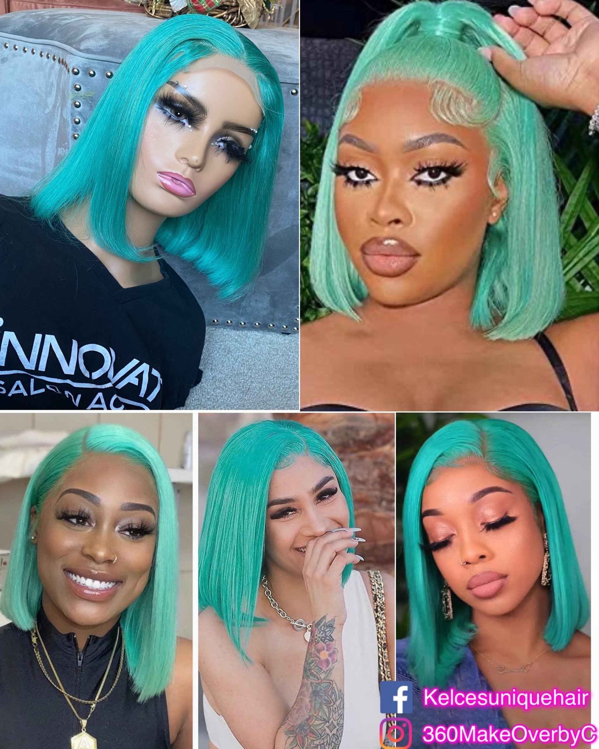 C C Green Human Hair Bob Wig