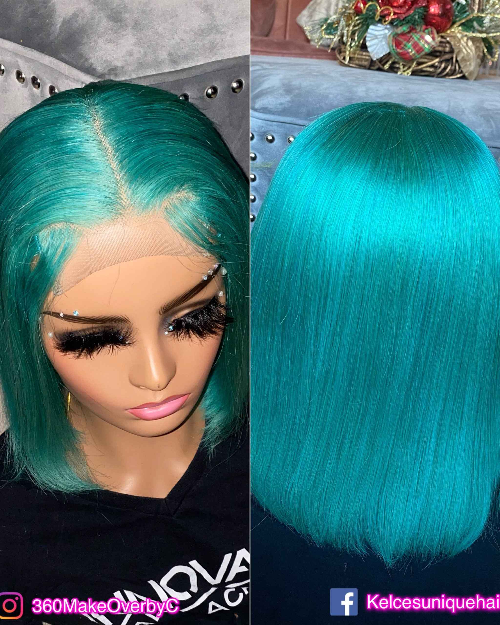 C C Green Human Hair Bob Wig