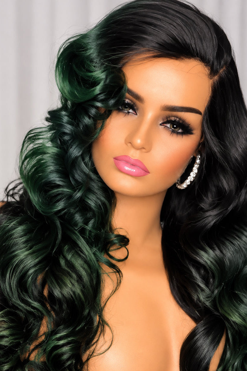 Jet Black/Green Highlights Wig