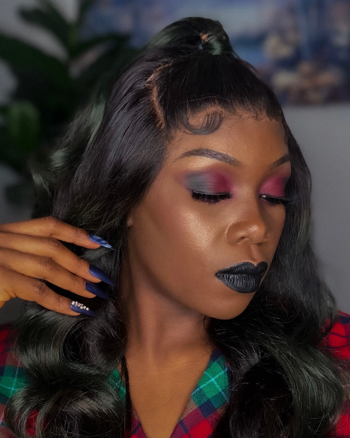 Jet Black with Green Highlights Wig
