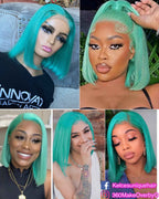 C C Green Human Hair Bob Wig