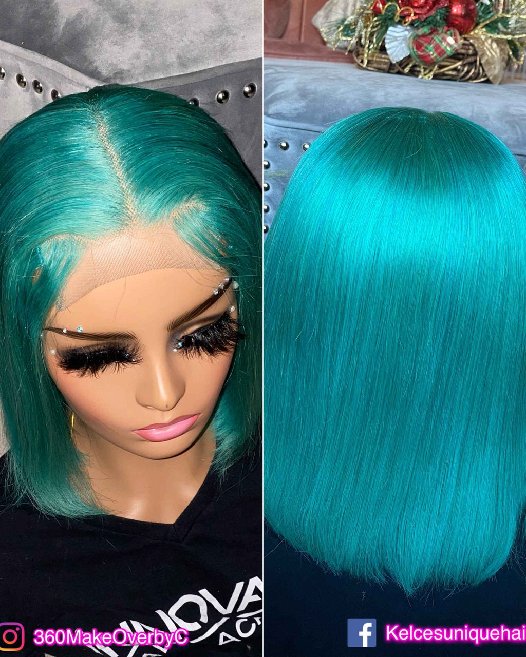 C C Green Human Hair Bob Wig