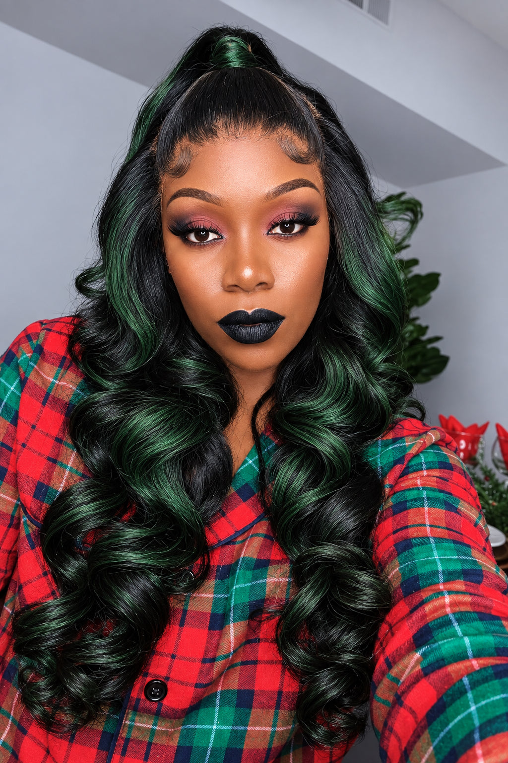 Jet Black with Green Highlights Wig
