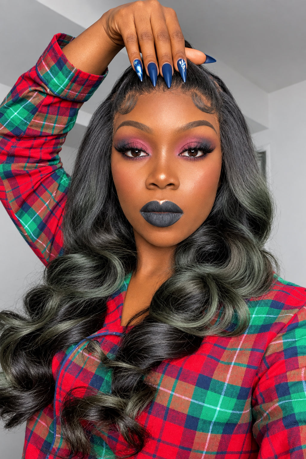 Jet Black with Green Highlights Wig