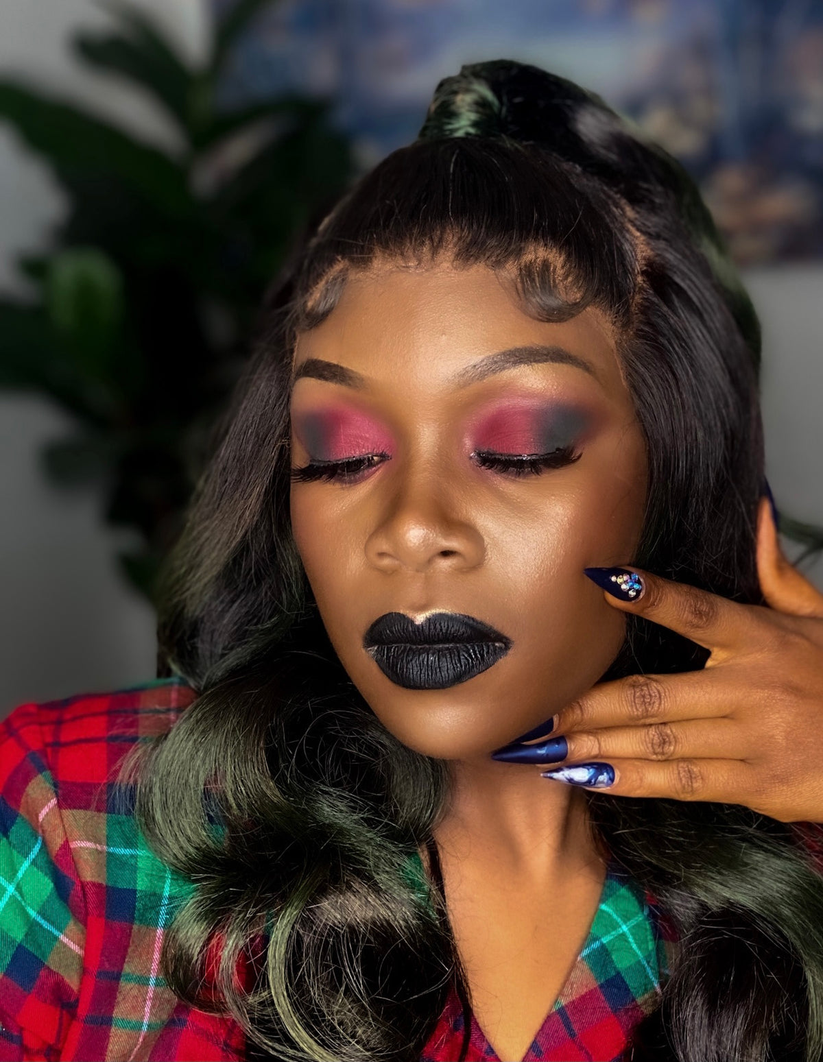 Jet Black with Green Highlights Wig